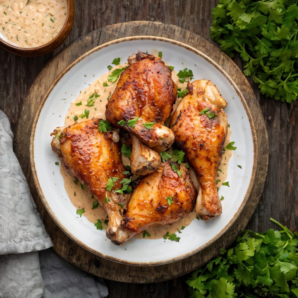 golden-brown-chicken-legs-crispy-texture-arranged-on-aged-rustic-plate-creamy-mushroom-sauce-driz