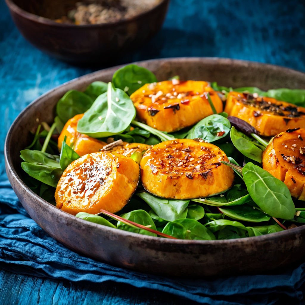 Vibrant Roasted Pumpkin and Spinach Salad with Feta and Pine Nuts